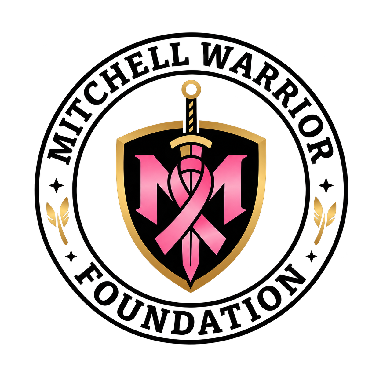 Mitchell Warrior Foundation logo: a pink breast cancer ribbon over a black and gold shield
